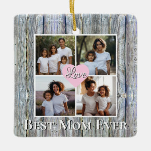 Rustic Personalised 4 photo Best Mum ever Ceramic Ornament