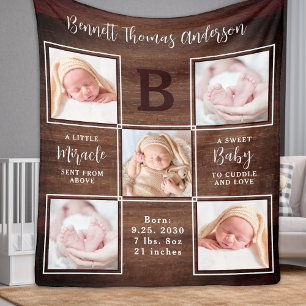 Rustic Personalised 5 Photo Collage New Baby Fleece Blanket