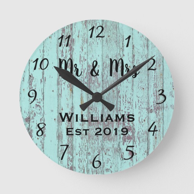 Rustic Personalised Aqua Vintage Wood Custom Round Clock (Front)