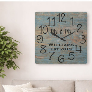 Rustic Personalised Blue Distressed Wood Custom Square Wall Clock