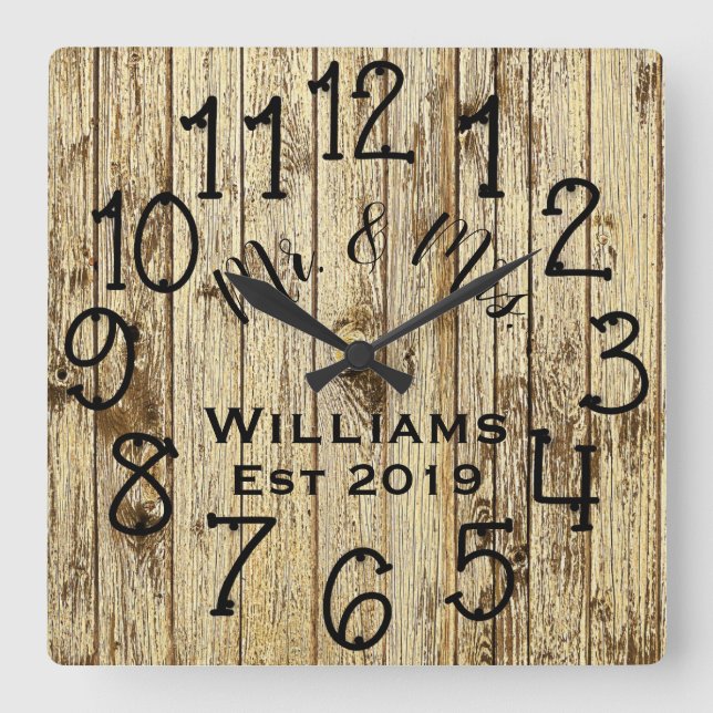 Rustic Personalised Brown Wood Custom Square Wall Clock (Front)