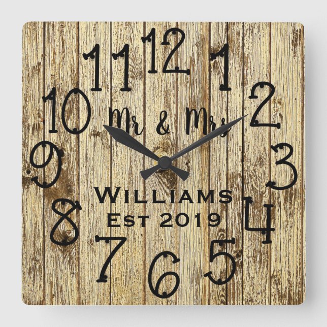 Rustic Personalised Brown Wood Custom Square Wall Clock (Front)