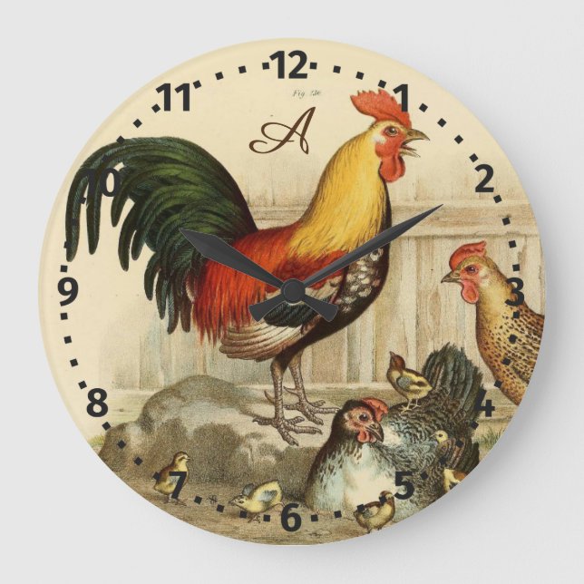 Rustic Personalised Colourful Rooster chicken Roun Large Clock (Front)