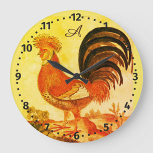 Rustic Personalised Colourful Rooster chicken Roun Large Clock