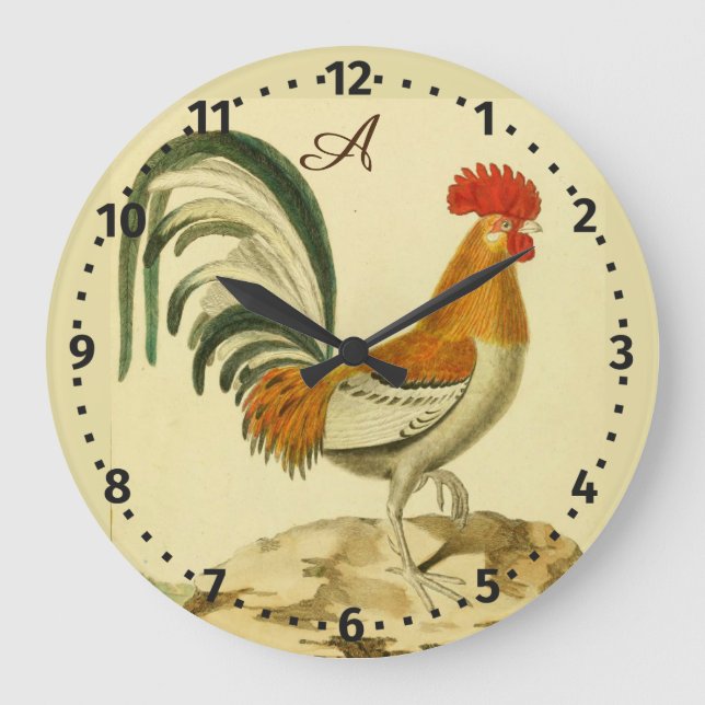 Rustic Personalised Colourful Rooster chicken Roun Large Clock (Front)