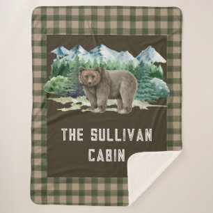 Rustic Personalised Forest Cabin Grizzly Bear Sherpa Blanket