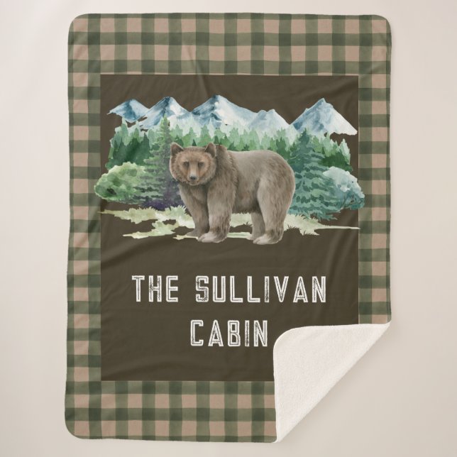 Rustic Personalised Forest Cabin Grizzly Bear Sherpa Blanket (Front)
