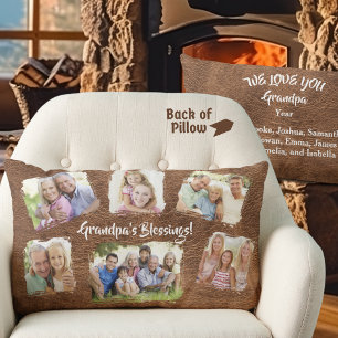 Rustic Personalised Grandpa Grandkids Photo Names Lumbar Cushion