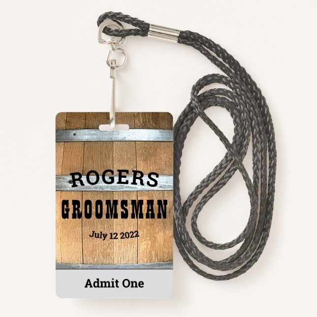 Rustic Personalised Groomsman Whiskey Barrel ID Badge (Front with Lanyard)