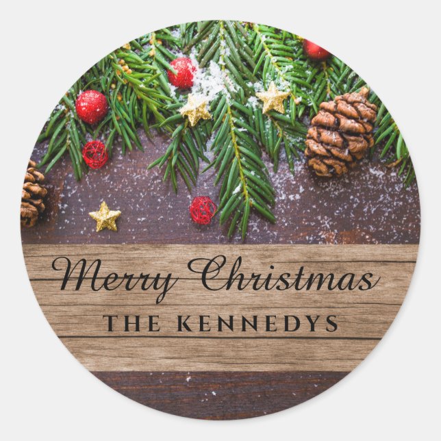 Rustic Personalised Merry Christmas Classic Round Sticker (Front)
