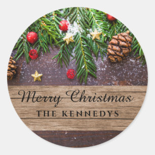 Rustic Personalised Merry Christmas Classic Round Sticker
