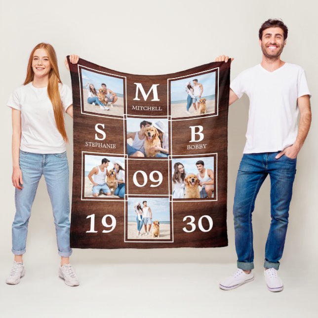 Rustic Personalised Monogram Couples Photo Collage Fleece Blanket (In Situ)