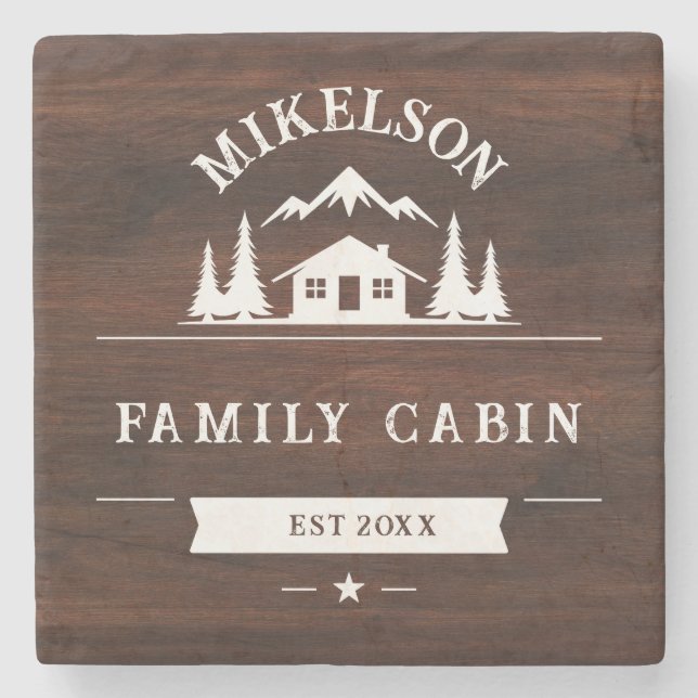 Rustic Personalised Name Family Cabin Stone Coaster (Front)