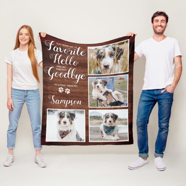 Rustic Personalised Pet Memorial Photo Collage Fleece Blanket (In Situ)