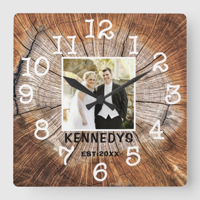Rustic Personalised Wedding Anniversary Photo Square Wall Clock (Front)