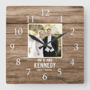 Rustic Personalised Wedding Anniversary Photo Wood Square Wall Clock