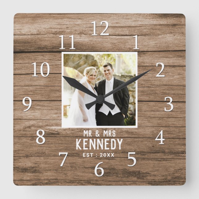 Rustic Personalised Wedding Anniversary Photo Wood Square Wall Clock (Front)
