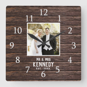 Rustic Personalised Wedding Anniversary Wood Photo Square Wall Clock