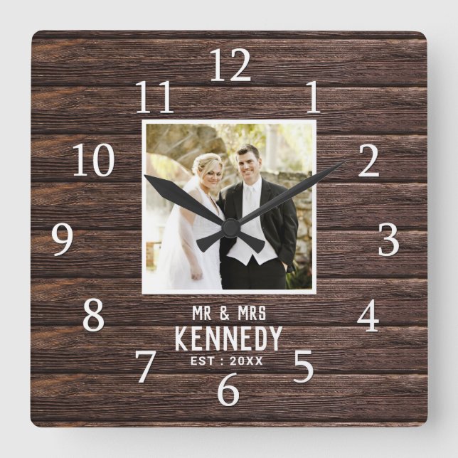 Rustic Personalised Wedding Anniversary Wood Photo Square Wall Clock (Front)
