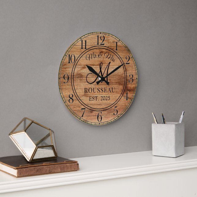 Rustic Personalised Wedding Newlywed Monogram Wood Large Clock (Office)