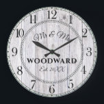 Rustic Personalised Wedding Newlyweds Large Clock<br><div class="desc">A rustic modern white washed barn wood shiplap monogrammed wedding wall clock with date established.</div>