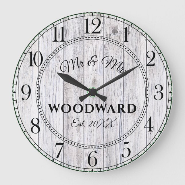 Rustic Personalised Wedding Newlyweds Large Clock (Front)