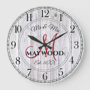 Rustic Personalised Wedding Newlyweds Monogrammed Large Clock