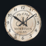 Rustic Personalised Wedding Newlyweds Round Clock<br><div class="desc">A rustic modern wood stump  monogrammed wedding wall clock with date established and married name.</div>