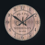 Rustic Personalised Wedding Newlyweds Round Clock<br><div class="desc">A rustic modern barn wood shiplap monogrammed wedding wall clock with date established and married name.</div>