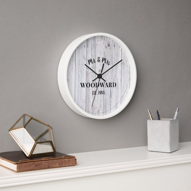 Rustic Personalised Wedding Newlyweds Wood Framed Clock (Office)