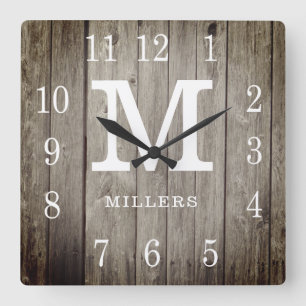 Rustic Personalised Wood Farmhouse Monogram Name Square Wall Clock