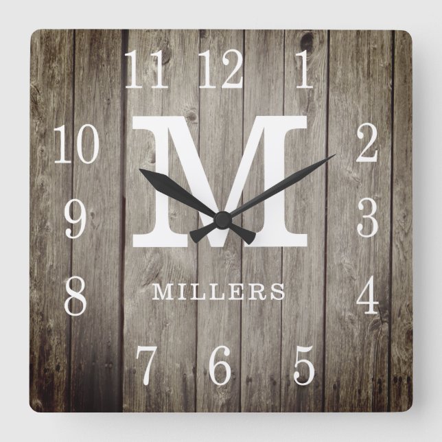 Rustic Personalised Wood Farmhouse Monogram Name Square Wall Clock (Front)
