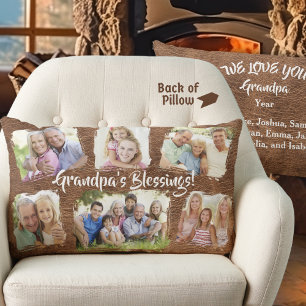Rustic Personalized Grandpa Grandkids Photo Names Lumbar Cushion