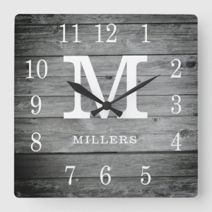 Rustic Personalized Gray Wood Farmhouse Monogram Square Wall Clock