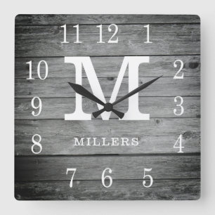 Rustic Personalized Grey Wood Farmhouse Monogram Square Wall Clock
