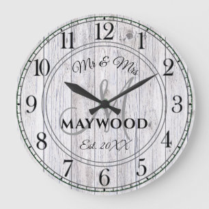 Rustic Personalized Wedding Newlyweds Monogrammed Large Clock