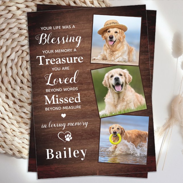 Rustic Pet Loss Personalised 3 Photo Dog Memorial Thank You Card (Creator Uploaded)