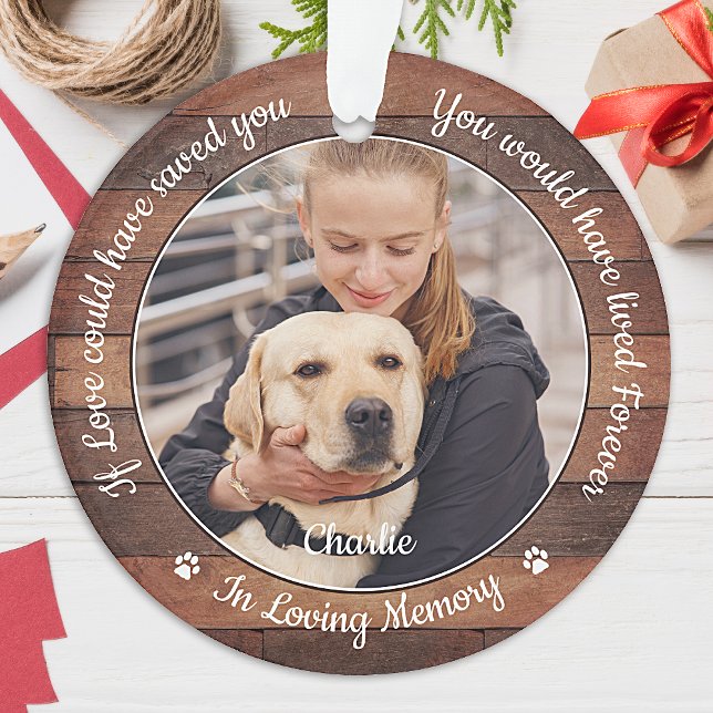 Rustic Pet Memorial Dog 2 Photo Sympathy Ornament (Creator Uploaded)