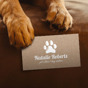 Rustic Pet Sitter Dog Walker Paw Logo Kraft Business Card