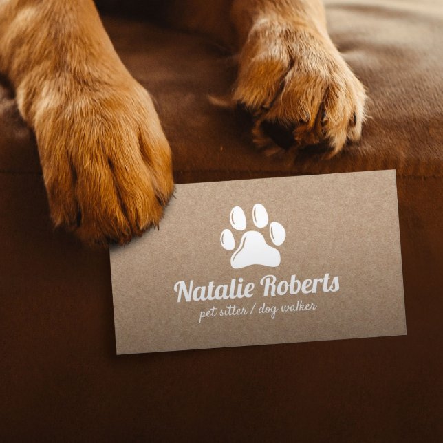 Rustic Pet Sitter Dog Walker Paw Logo Kraft Business Card (Creator Uploaded)