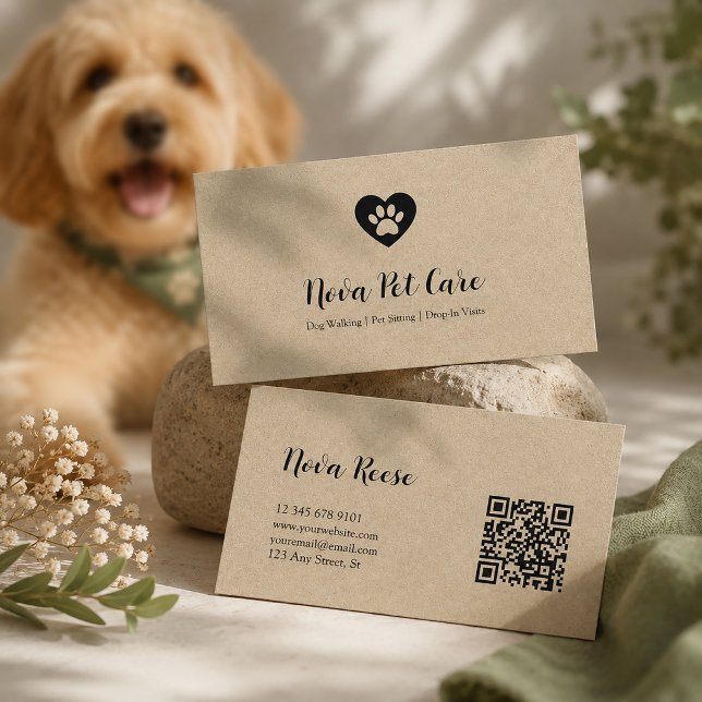  Rustic Pet Sitter Dog Walker Qr Code Kraft Business Card (Creator Uploaded)
