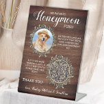 Rustic Pet Wedding Custom Dog Photo Honeymoon Fund Pedestal Sign<br><div class="desc">Let your best dog be in charge of your honeymoon with this custom pet photo honeymoon fund sign. Perfect for dog lovers, and a dog honeymoon fund will be a hit at your wedding. Rustic country wood with eucalyptus leaves. "My Parents Honeymoon Fund" Customise this pet wedding honeymoon fund sign...</div>