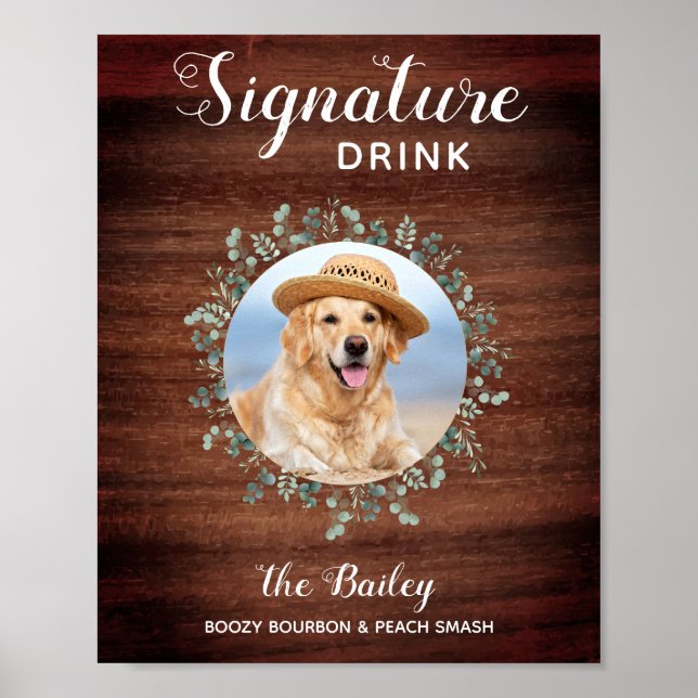 Rustic Pet Wedding Photo Dog Bar Signature Drinks Poster (Front)