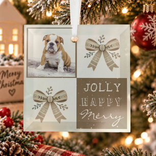 Rustic Photo Bow Jolly Happy Merry Christmas Glass Tree Decoration