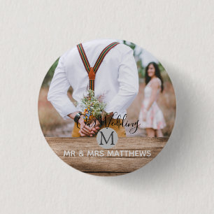 Rustic Photo Collage Monogram NEWLYWEDS WEDDING 3 Cm Round Badge