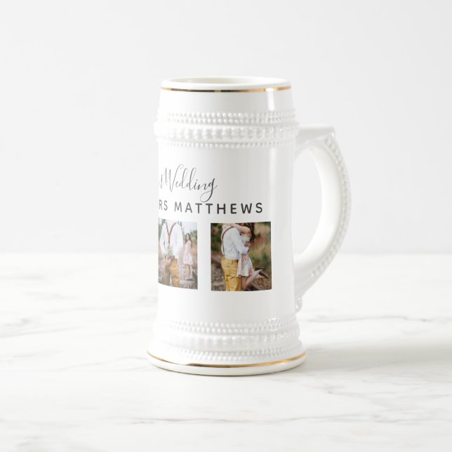 Rustic Photo Collage Monogram NEWLYWEDS WEDDING Beer Stein (Front Right)