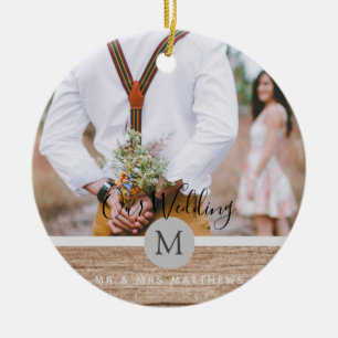 Rustic Photo Collage Monogram NEWLYWEDS WEDDING Ceramic Tree Decoration