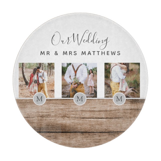 Rustic Photo Collage Monogram NEWLYWEDS WEDDING Cutting Board (Front)