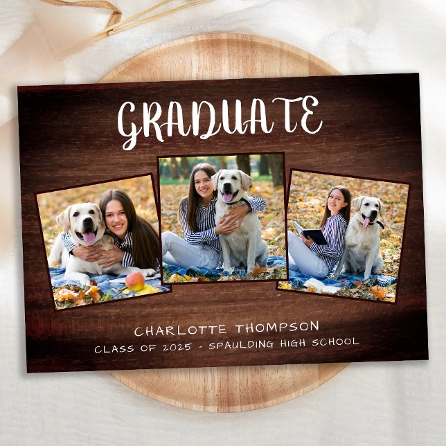 Rustic Photo Collage Wood Casual Graduation Invitation (Creator Uploaded)