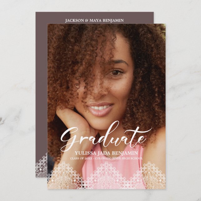 Rustic Photo Graduation Romantic Lace Effect Invitation (Front/Back)